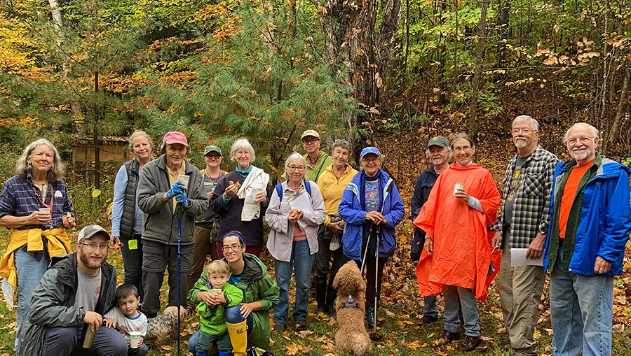 Town Forest group gathers for tree identification hike.